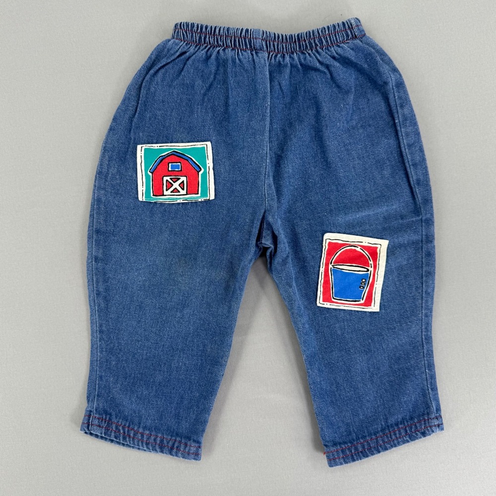 Buster Brown Vintage 12M Denim Farm Applique Pants Made in USA Blue Cotton